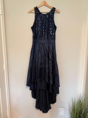 Elegant Navy High-Low Sequin Bodice Dress